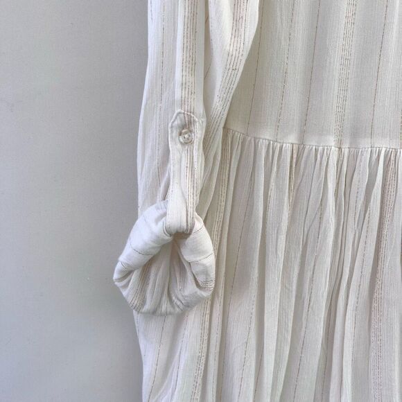 Thread & Supply Women's White Metallic Gold Stripes Roll Tab Sleeve Blouse Small - Picture 5 of 5